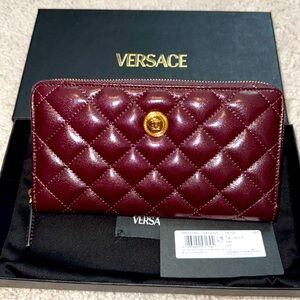 Versace Medusa Burgundy Patent Calf
Leather Quilted Long Wallet